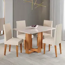 Conjunto Mesa de Jantar Teka com Vidro e 4 Cadeiras Milão Linho Viero