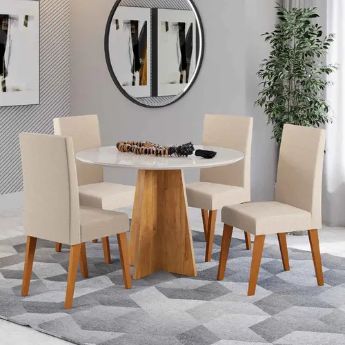 Conjunto Mesa de Jantar Dalila com Vidro e 4 Cadeiras Milão Linho Viero