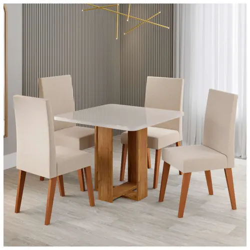 Conjunto Mesa de Jantar Angel com Vidro e 4 Cadeiras Milão Linho Viero