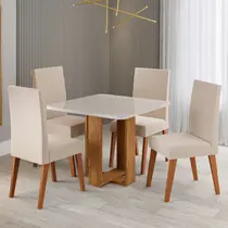 Conjunto Mesa de Jantar Angel com Vidro e 4 Cadeiras Milão Linho Viero