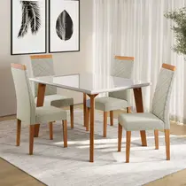 Conjunto Mesa de Jantar Dubai com Vidro e 4 Cadeiras Atlas Madetal Nude/Bege