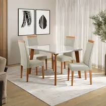 Conjunto Mesa de Jantar Dubai com Vidro e 4 Cadeiras Atlas Madetal Nude/Bege