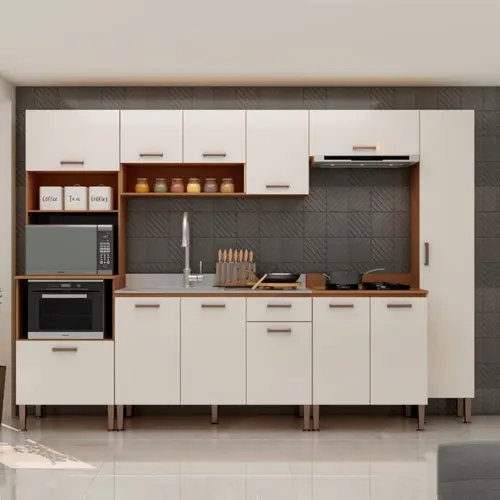 Cozinha Completa 12 Portas 1 Gaveta 100% MDF Genialflex Essência Freijo/White Laca