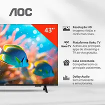 Smart TV 43” AOC DLED FULL HD 43S5155/78G Roku TV com Comando de Voz HDR 3 HDMI 1 USB