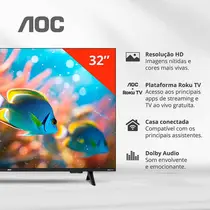 Smart TV 32” AOC DLED HD 32S5155/78G Roku TV com Comando de Voz HDR 3 HDMI 1 USB