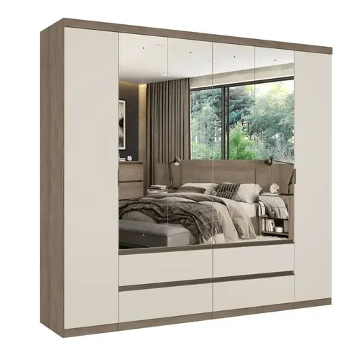 Guarda-Roupa Casal 6 Portas 4 Gavetas com Espelho 100% MDF THB Móveis Nobre Full Glass