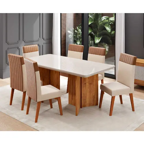 Conjunto Mesa de Jantar Natuzzi com Vidro e 6 Cadeiras Monaco Viero – Mel Blonde Off White/Bronze