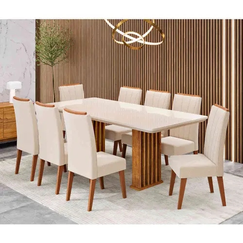 Conjunto Mesa de Jantar Munique com Vidro e 8 Cadeiras Safira Viero – Mel Blonde Off White/Bronze
