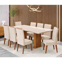 Conjunto Mesa de Jantar Munique com Vidro e 8 Cadeiras Safira Viero – Mel Blonde Off White/Bronze