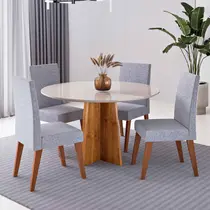 Conjunto Mesa de Jantar Dalila com Vidro e 4 Cadeiras Milão Viero – Mel Blonde Off White/Inox