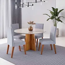 Conjunto Mesa de Jantar Dalila com Vidro e 4 Cadeiras Milão Viero – Mel Blonde Off White/Inox