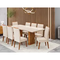 Conjunto Mesa de Jantar Munique com Vidro e 8 Cadeiras Safira Viero – Mel Blonde Off White/Bronze