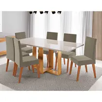 Conjunto Mesa de Jantar Florida com Vidro e 6 Cadeiras Milão Viero – Mel Blonde Off White /Perola