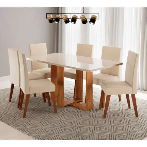 Conjunto Mesa de Jantar Florida com Vidro e 6 Cadeiras Milão Viero – Mel Blonde Off White /Bronze