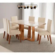 Conjunto Mesa de Jantar Florida com Vidro e 6 Cadeiras Milão Viero – Mel Blonde Off White /Bronze